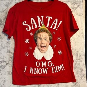 Elf Red Tee Shirt Warner Brothers “Santa, OMG, I know him!” Size OSFM Christmas‎